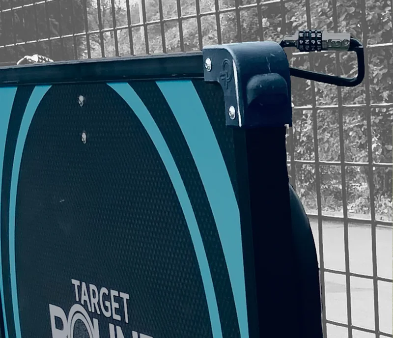 TargetBound target locked to a court fence for outdoor storage